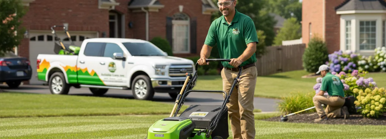 Staples Lawn Care crew and mower at work on a property